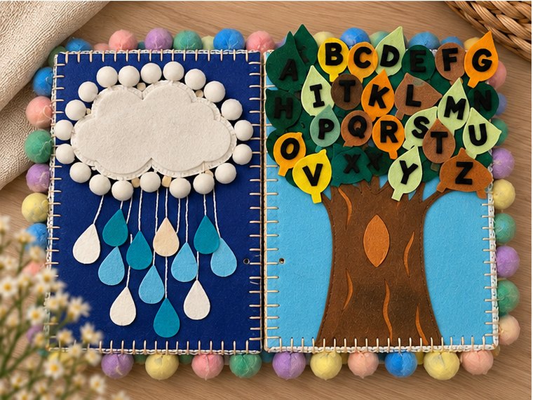 An open busy book spread showing a felt rain cloud with hanging raindrops and a tree hung with the letters of the alphabet