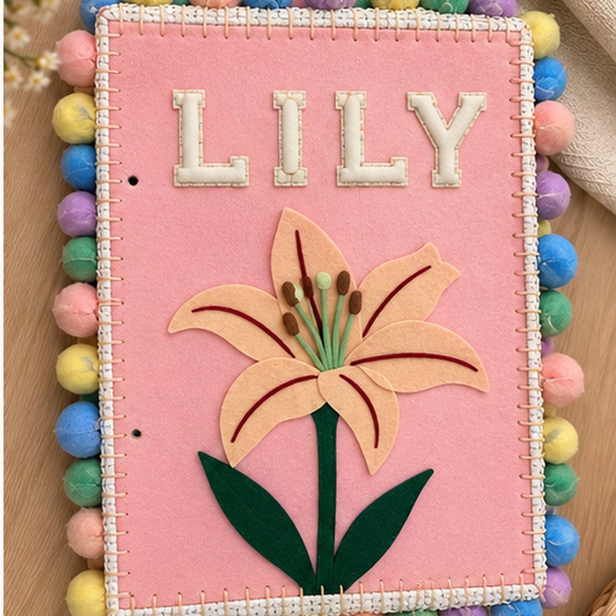 A felt busy book cover with the name Lily stitched in cream letters above a hand cut felt lily, edged with pastel pom poms