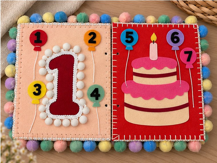An open busy book spread with numbered balloons, a large number one and a birthday cake with a candle