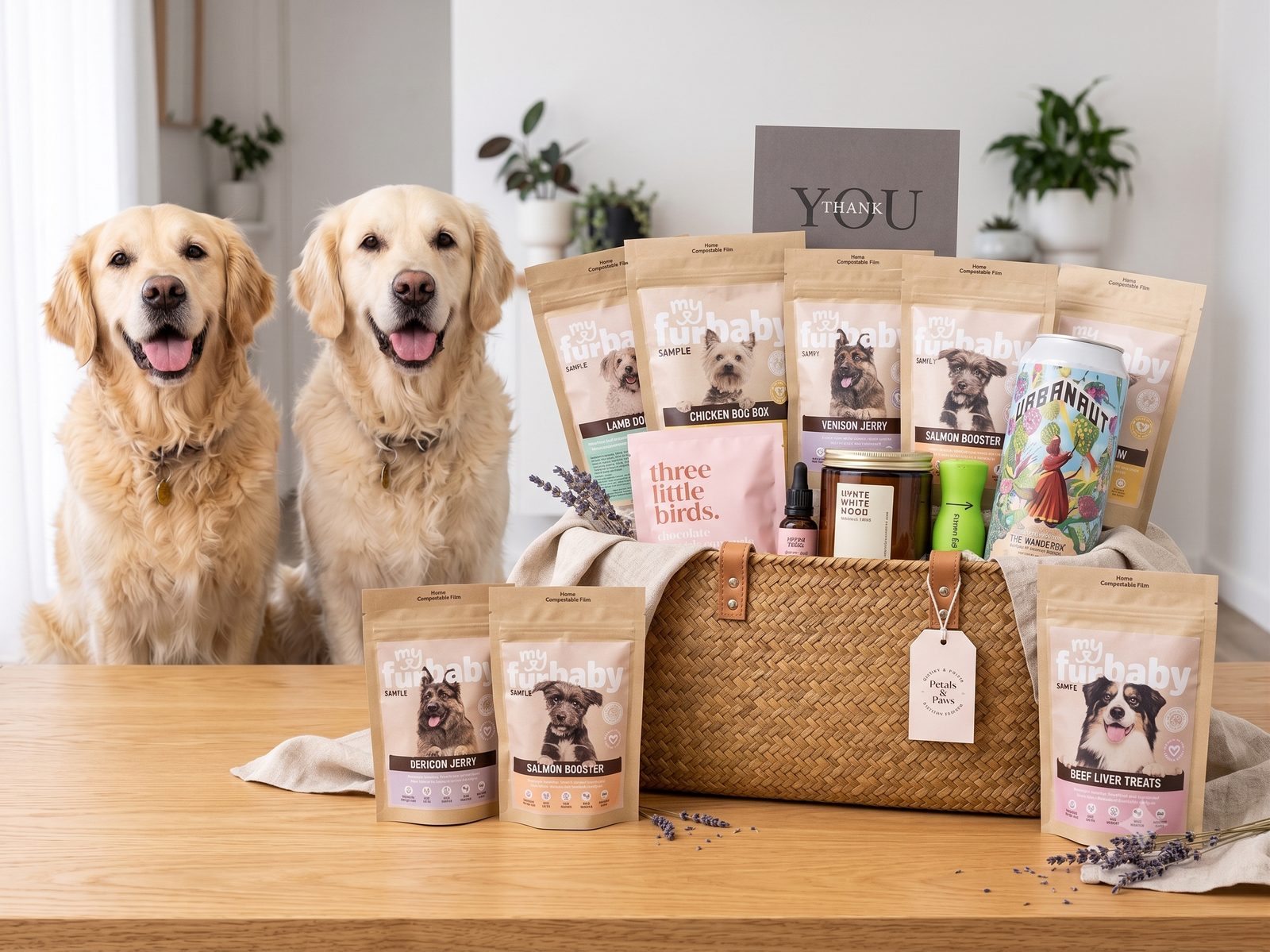 Two golden retrievers sitting behind a wicker gift basket filled with dog treats, a candle, chocolates and gifts