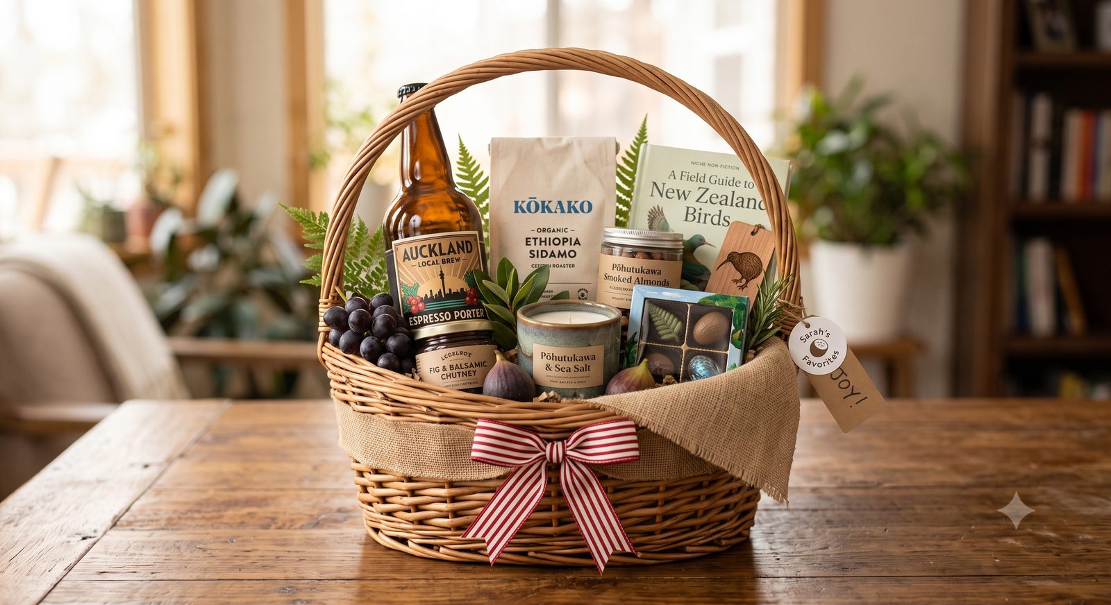 A personalised wicker gift basket: local Auckland beer, Kokako coffee, a field guide to New Zealand birds, pohutukawa smoked almonds, chocolates, figs and a candle, with a Sarah's Favourites gift tag